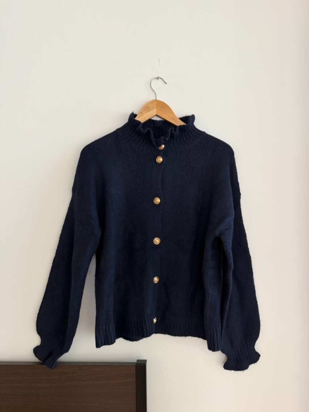 Navy Knit Cardigan Gold Buttons Ruffle Neck Puff Sleeve Thrifted